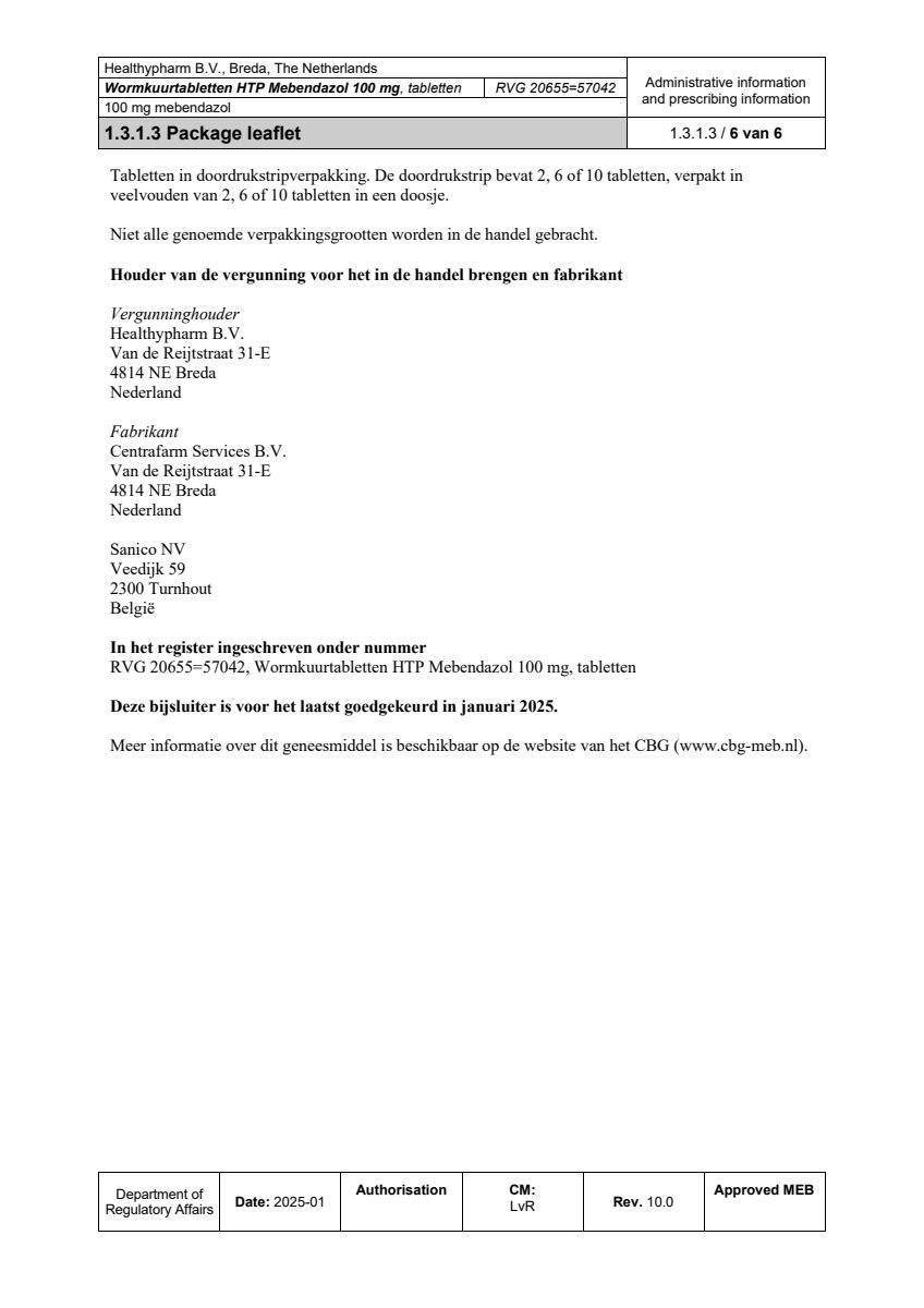 Wormkuurtabletten HTP Mebendazol 100mg afbeelding van document #6, leaflet