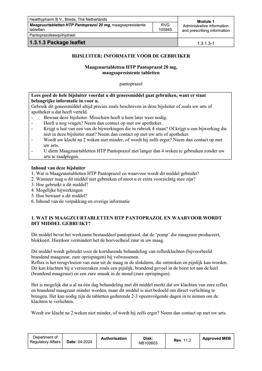 Maagzuurremmer Pantoprazol 20mg Tabletten afbeelding van document #1, leaflet