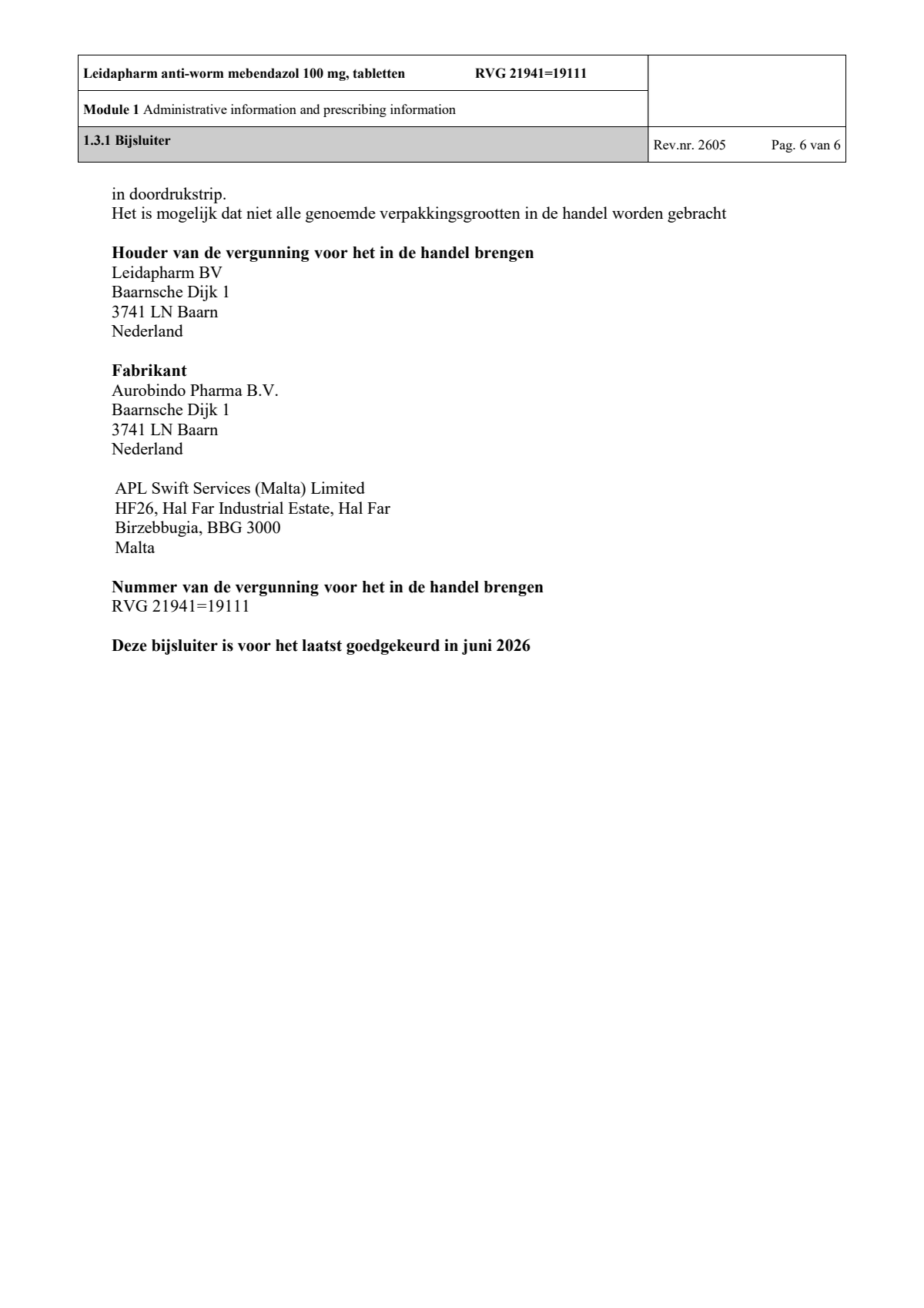 Anti Worm Mebendazol 100mg Tabletten afbeelding van document #6, leaflet