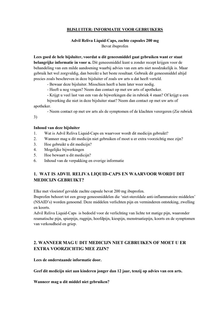 Advil Reliva Liquid Capsules 200 mg - voor pijn en koorts afbeelding van document #1, leaflet