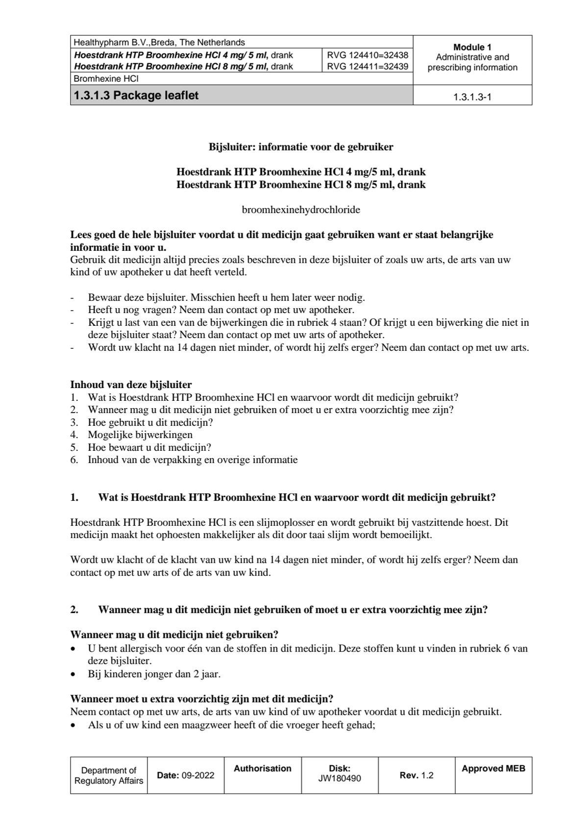 Hoestdrank Broomhexine HCI 8mg/5ml afbeelding van document #1, leaflet