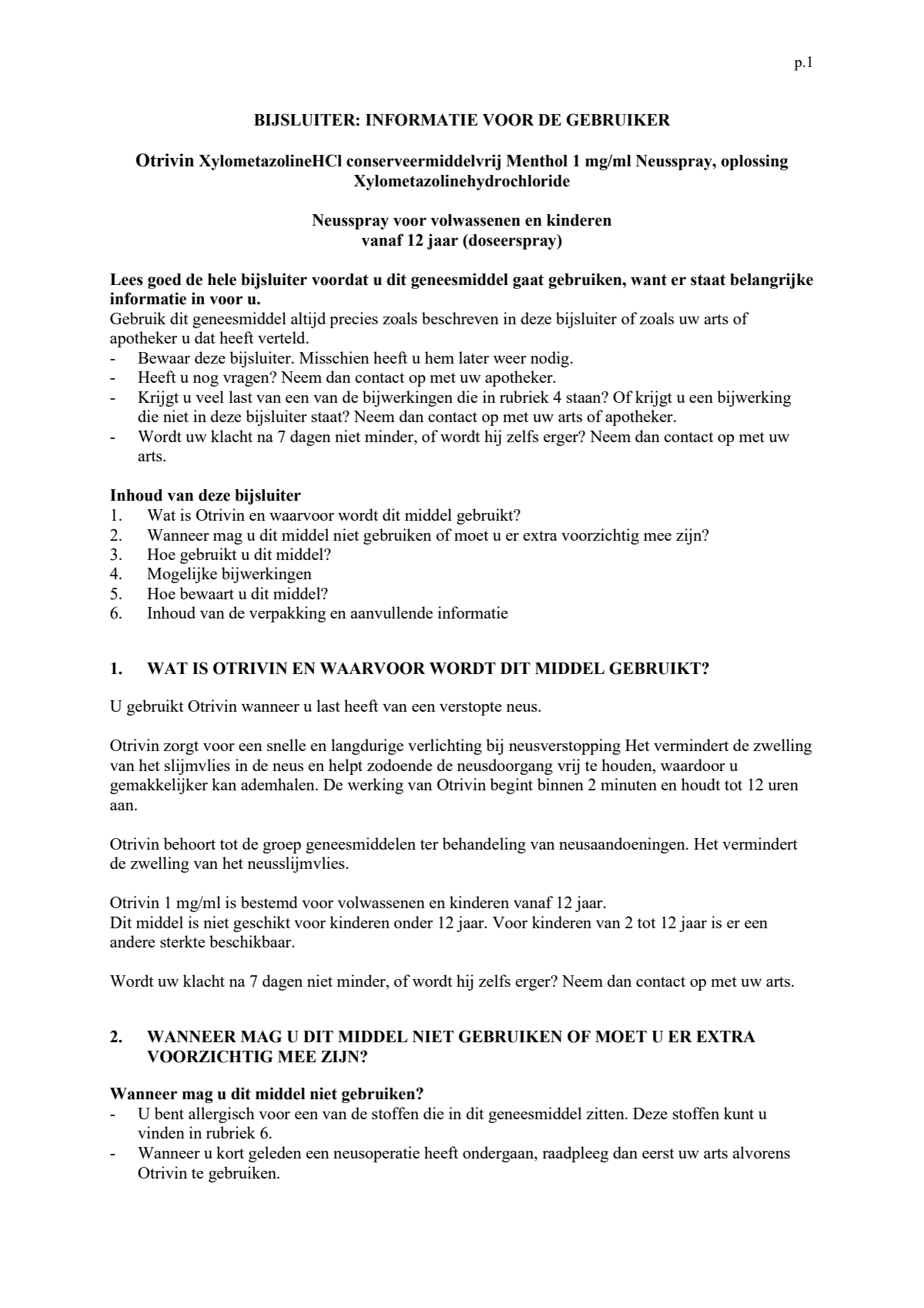 Menthol Xylometazoline HCI 1 mg/ml Neusspray afbeelding van document #1, leaflet