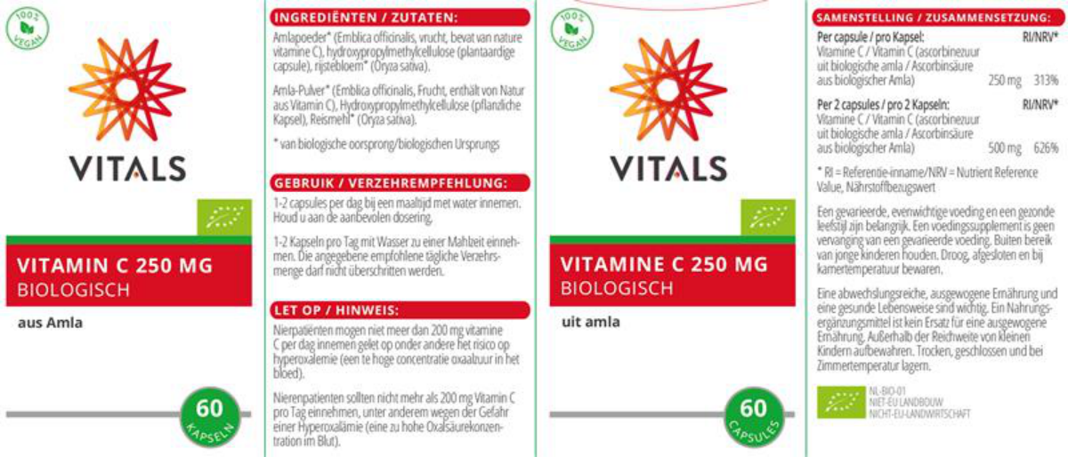 Vitamine C 250mg Biologisch Capsules afbeelding van document #1, label