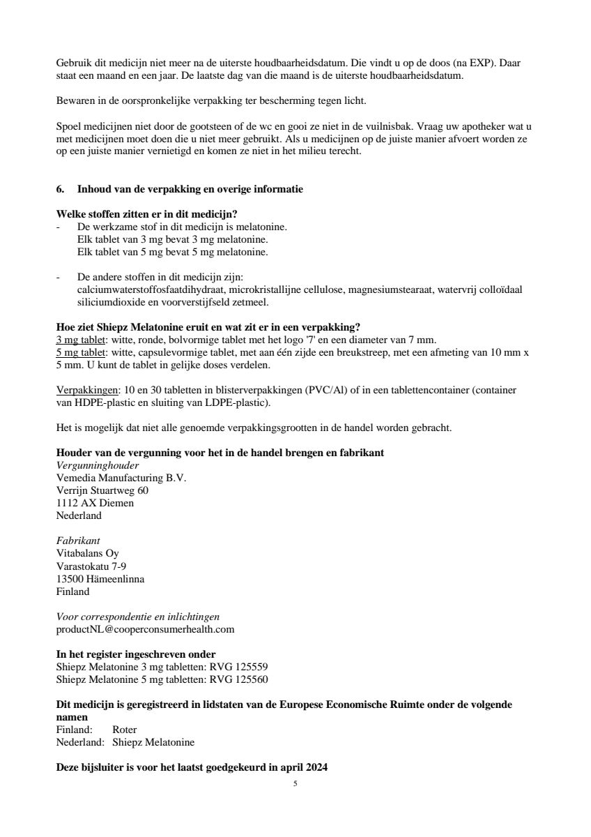 Melatonine 5 mg Tabletten afbeelding van document #5, leaflet