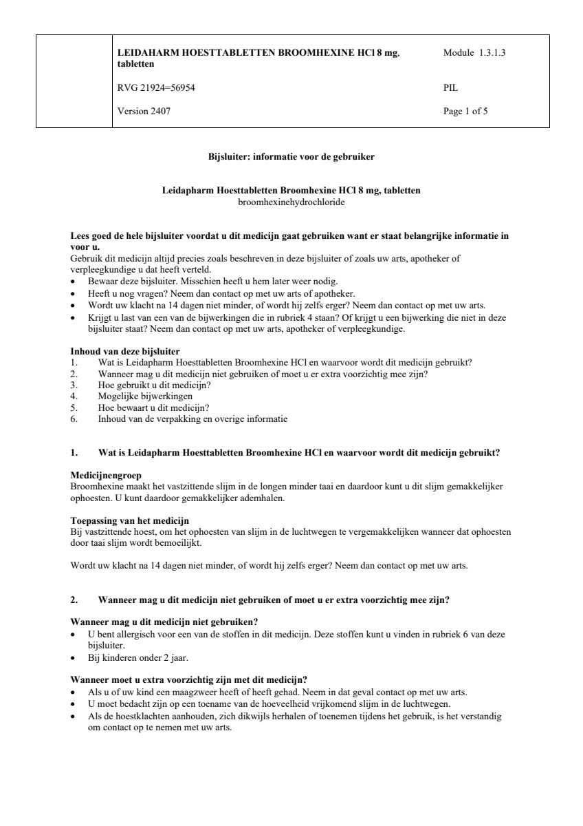 Broomhexine HCI 8 mg Hoesttabletten afbeelding van document #1, leaflet