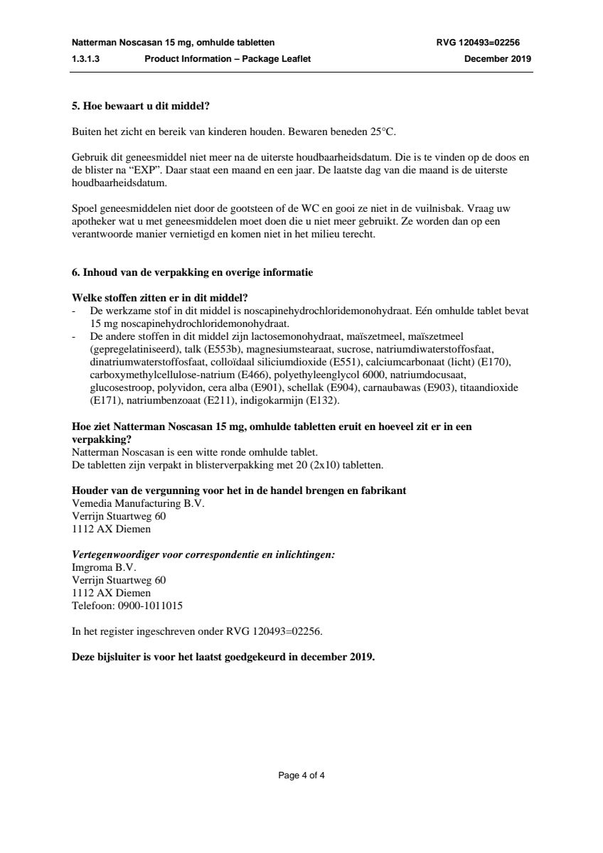 Noscasan 15 mg bij prikkelhoest of droge hoest Tabletten afbeelding van document #4, leaflet