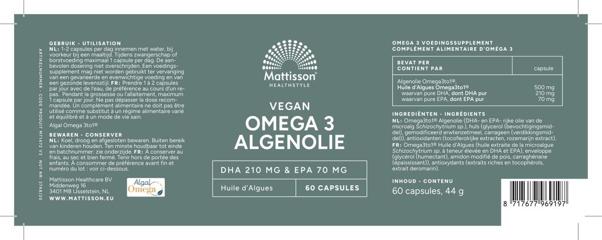 Vegan Omega 3 Algenolie DHA 210mg & EPA 70mg Capsules afbeelding van document #1, label