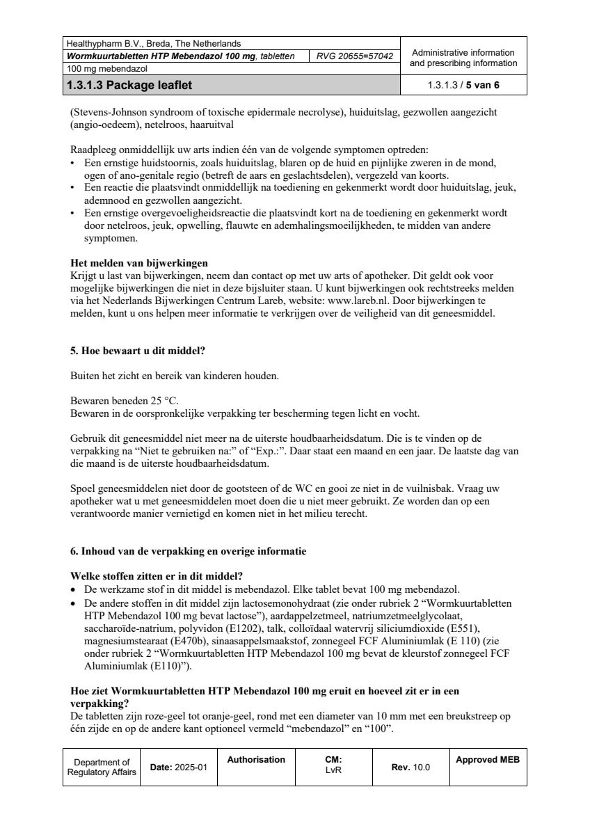Wormkuurtabletten HTP Mebendazol 100mg afbeelding van document #5, leaflet