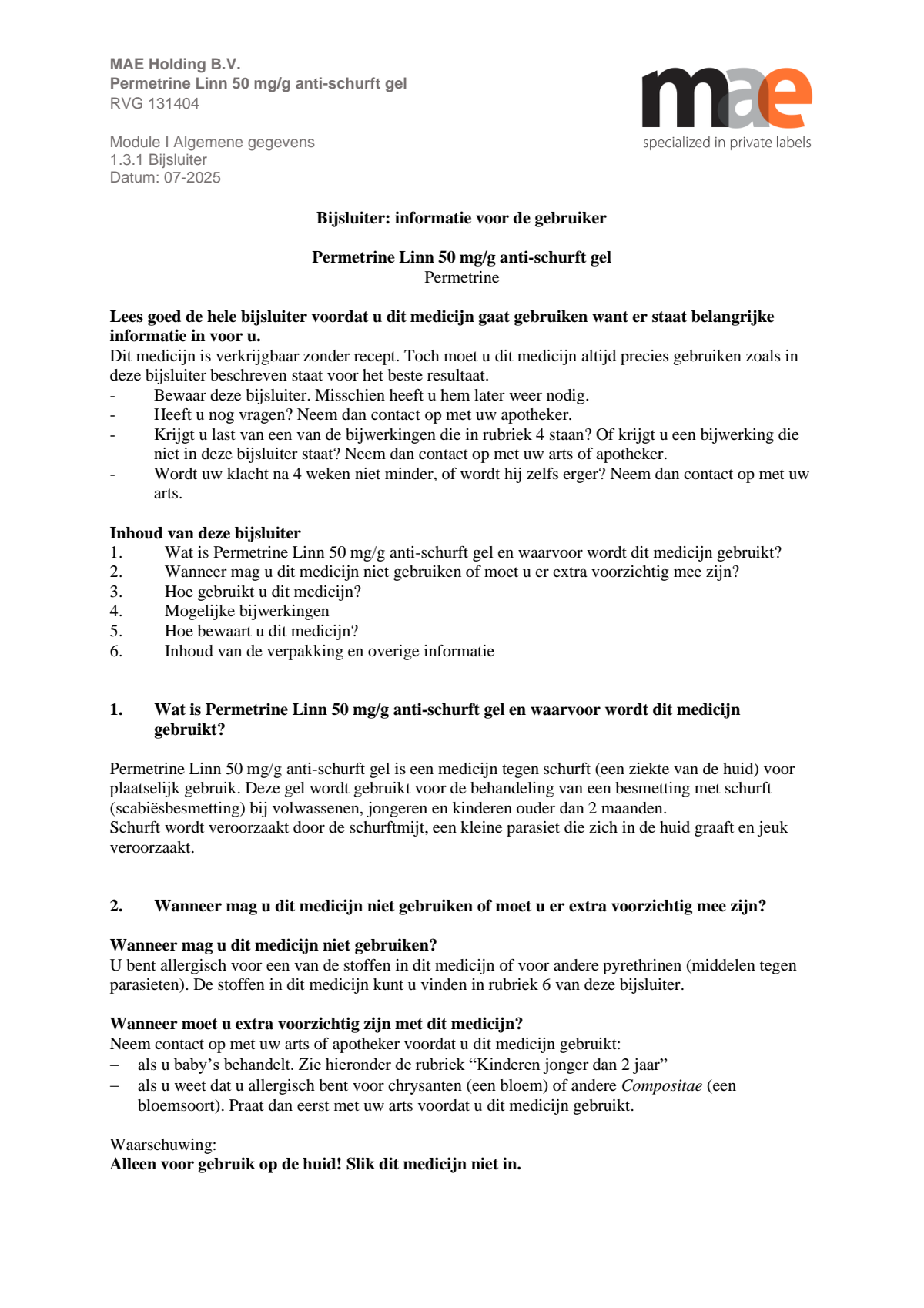 Permetrine 50 mg/g Gel afbeelding van document #1, leaflet