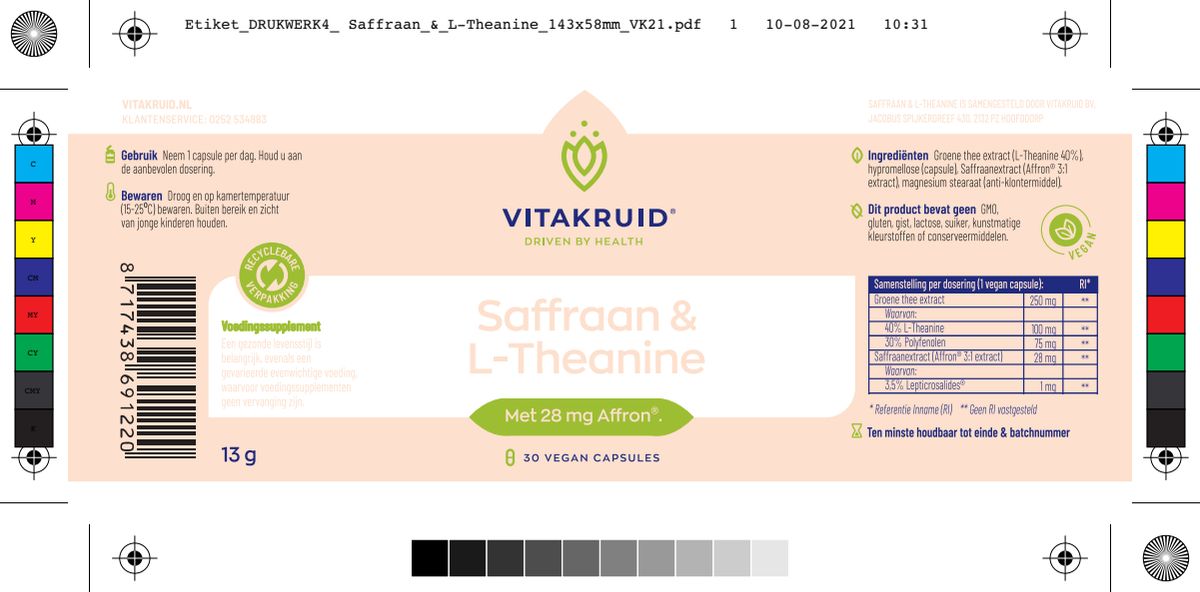 Saffraan 28 mg (Affron®) & L-Theanine Groene Thee afbeelding van document #1, label