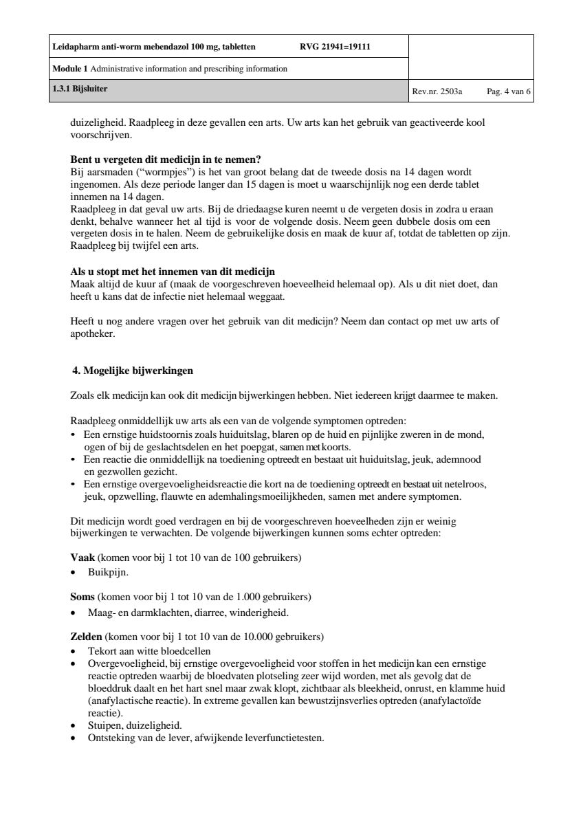 Anti Worm Mebendazol 100mg Tabletten afbeelding van document #4, leaflet