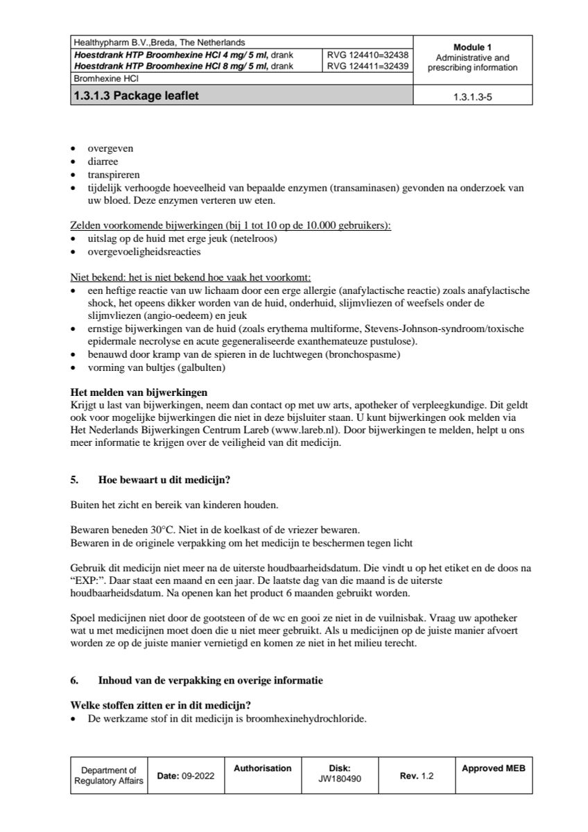 Hoestdrank Broomhexine HCI 4mg/5ml afbeelding van document #5, leaflet