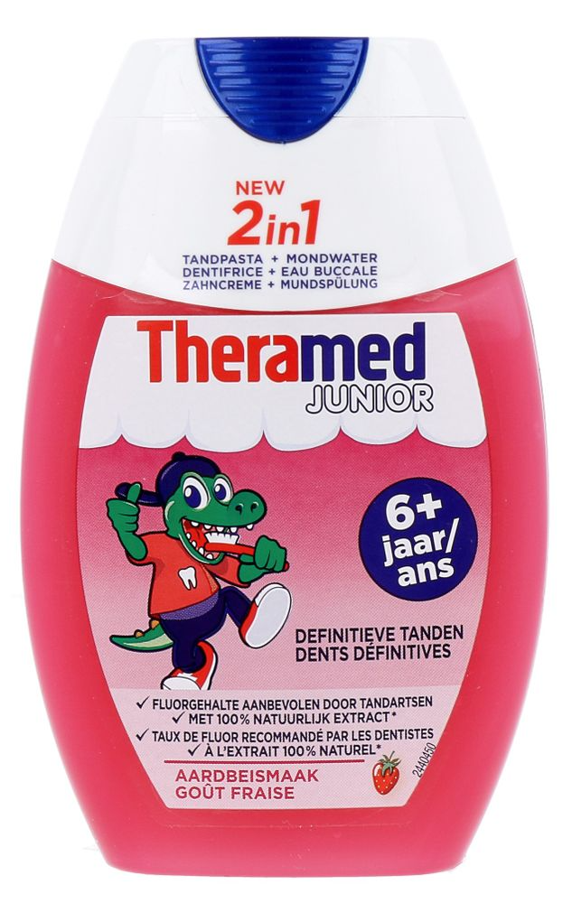 Theramed 2in1 Junior Tandpasta + Mondwater Aardbei afbeelding 1