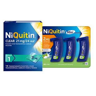 Niquitin Minizuigtabletten Mint 2.0mg + Clear Pleisters 21mg Stap 1 Combi 2ST Niquitin Minizuigtabletten Mint 2.0mg + Clear Pleisters 21mg Stap 1 Combi 2ST