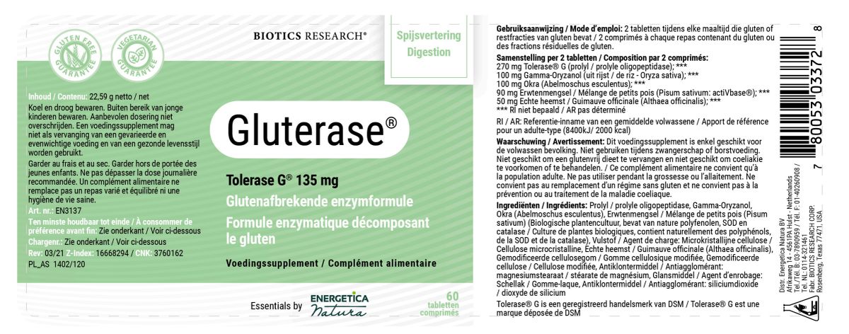 Gluterase 135mg Tabletten afbeelding van document #1, label