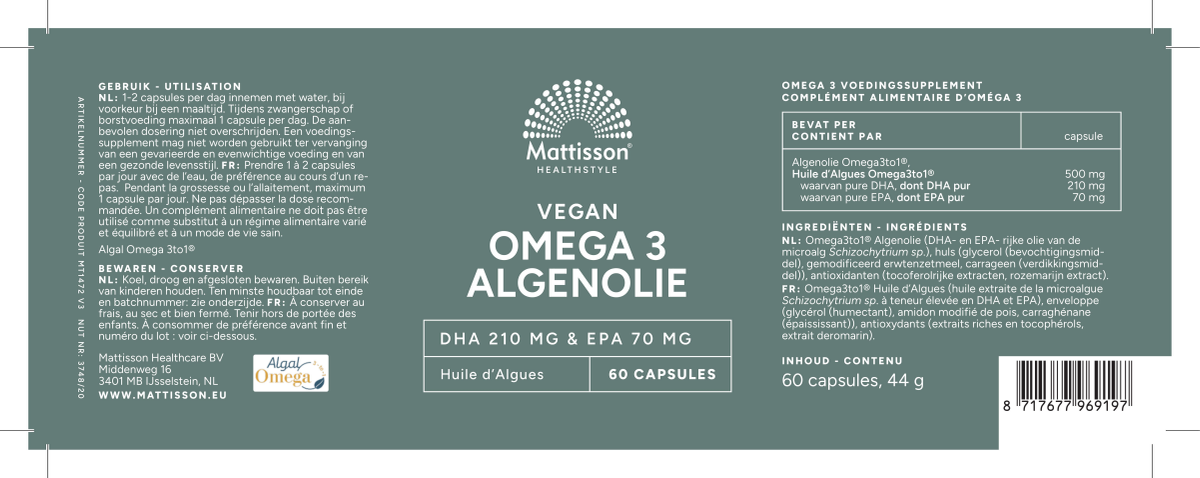 Vegan Omega 3 Algenolie DHA 210mg & EPA 70mg Capsules afbeelding van document #1, label