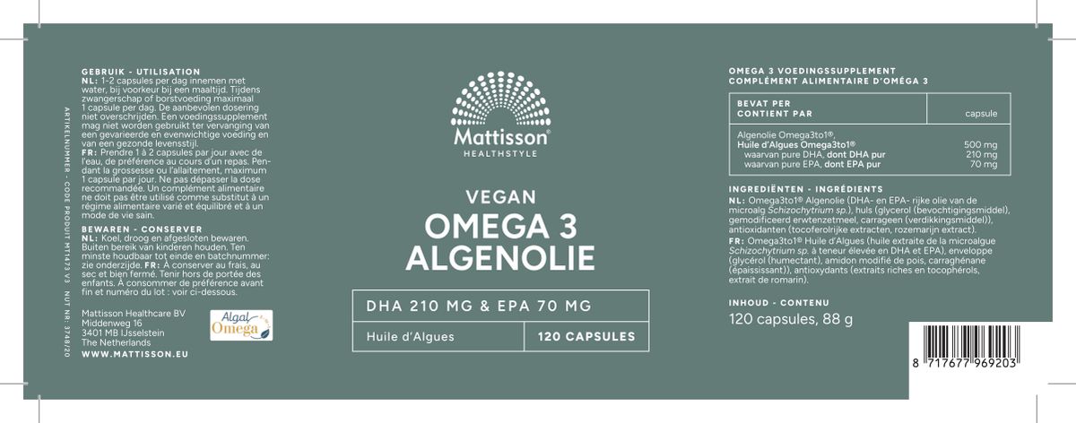 Vegan Omega 3 Algenolie DHA 210mg & EPA 70mg Capsules afbeelding van document #1, label