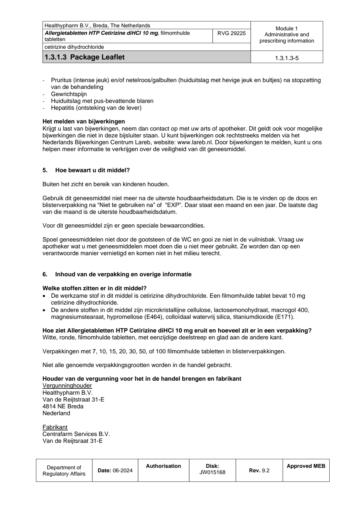 Allergietabletten HTP Cetirizine diHCI 10mg Tabletten afbeelding van document #5, leaflet