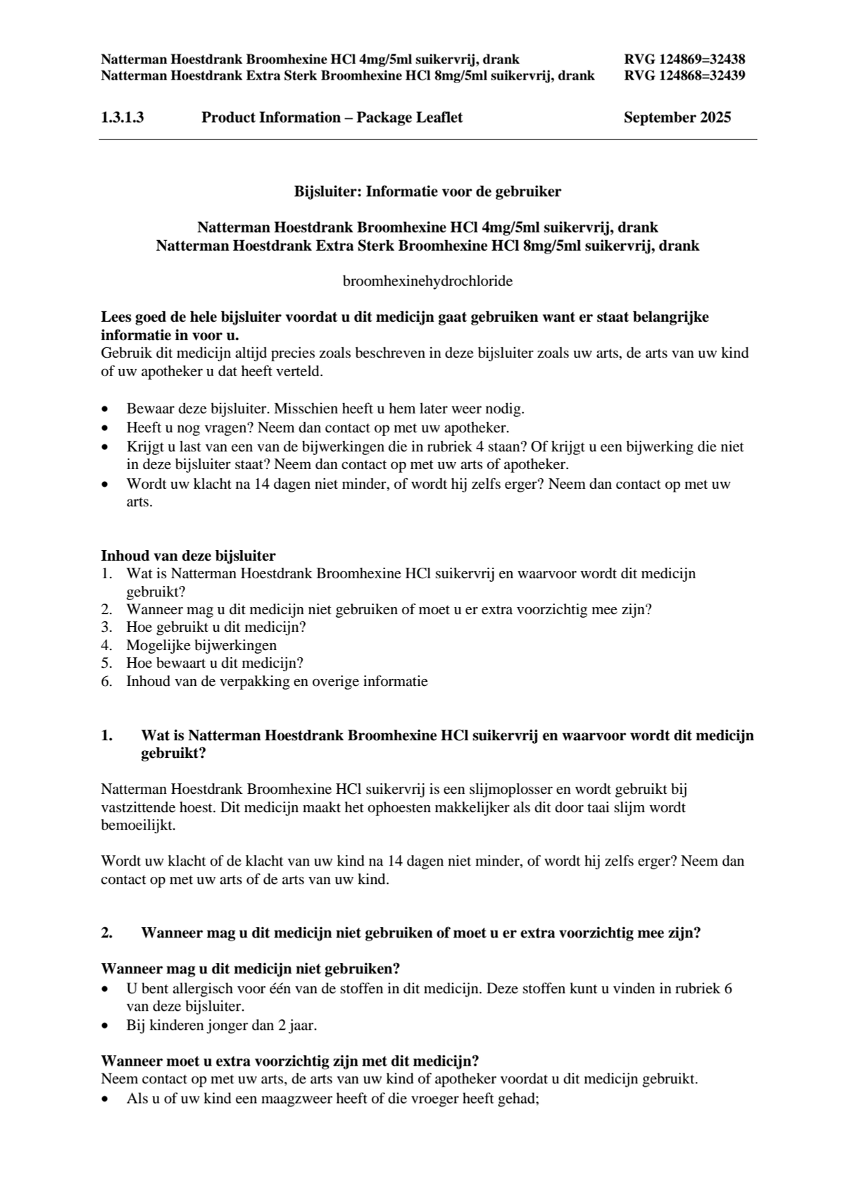 Broomhexine Hoestdrank Extra Sterk Broomhexine HCI 8mg/5ml - Suikervij afbeelding van document #1, leaflet