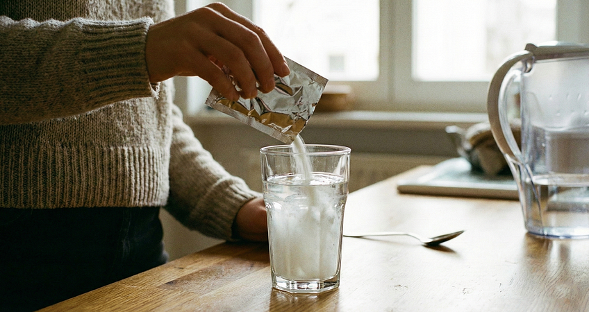 Vrouw doet een zakje ORS poeder in een glas water