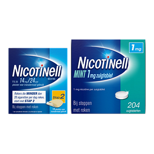 Nicotinell Combineer Pleister 14 mg (14st) en Zuigtablet Mint 1 mg (204st) - 2 Stuks Nicotinell Combineer Pleister 14 mg (14st) en Zuigtablet Mint 1 mg (204st) - 2 Stuks