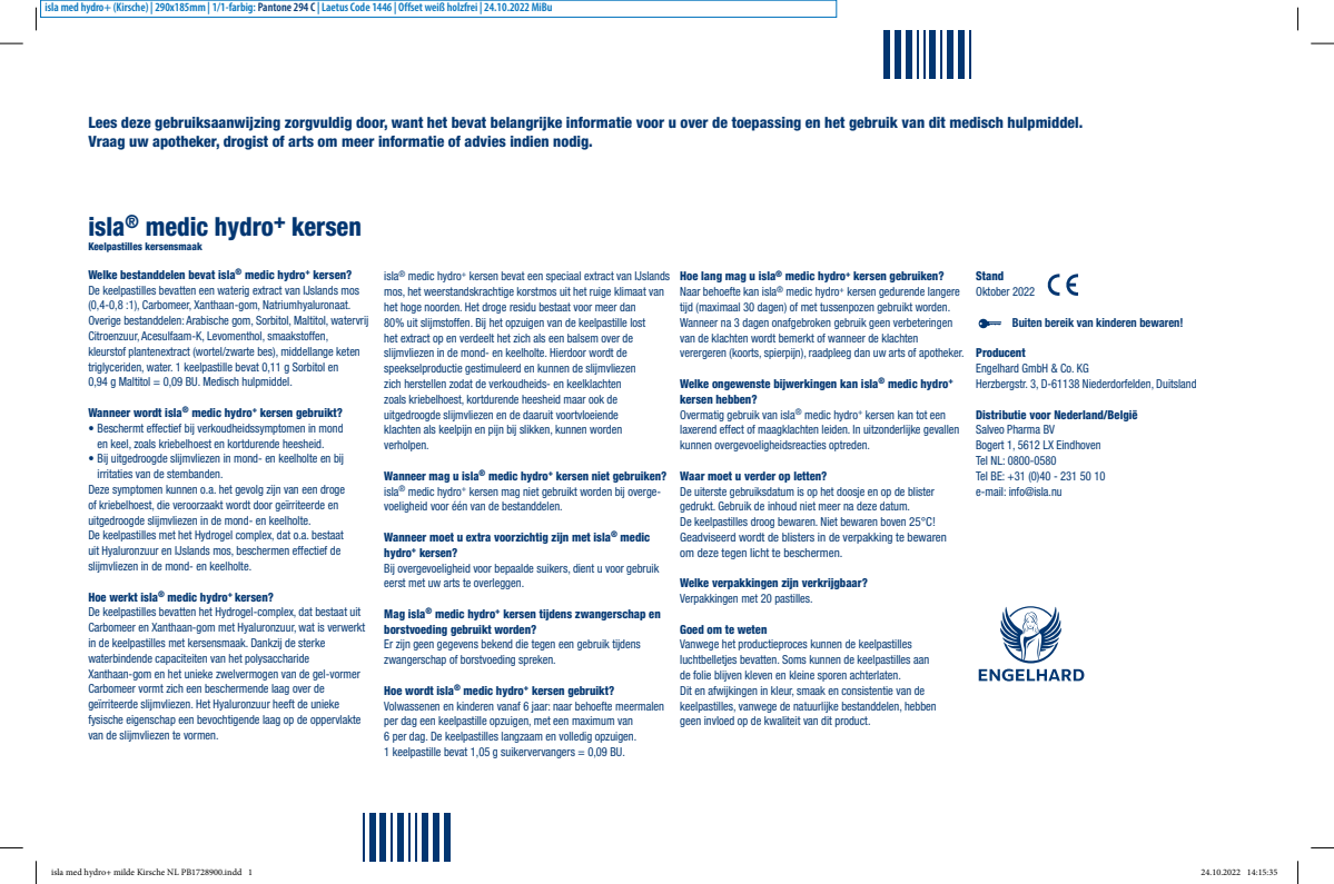 Medic Hydro+ Kersen Keelpastilles - bij verkoudheids- en keelklachten afbeelding van document #1, instructions