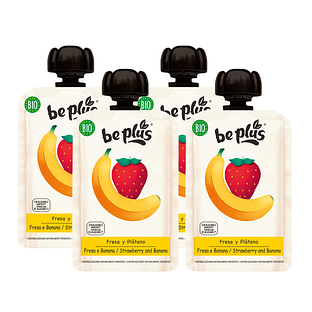 Be Plus Knijpfruit Strawberry &amp; Banana Multiverpakking 4x100GR
