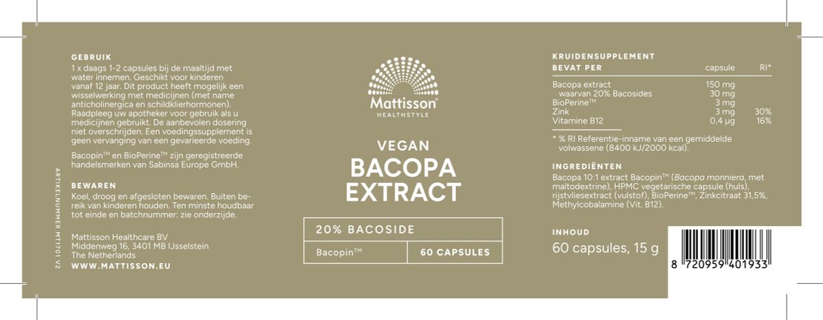Vegan Bacopa Extract Capsules afbeelding van document #1, label