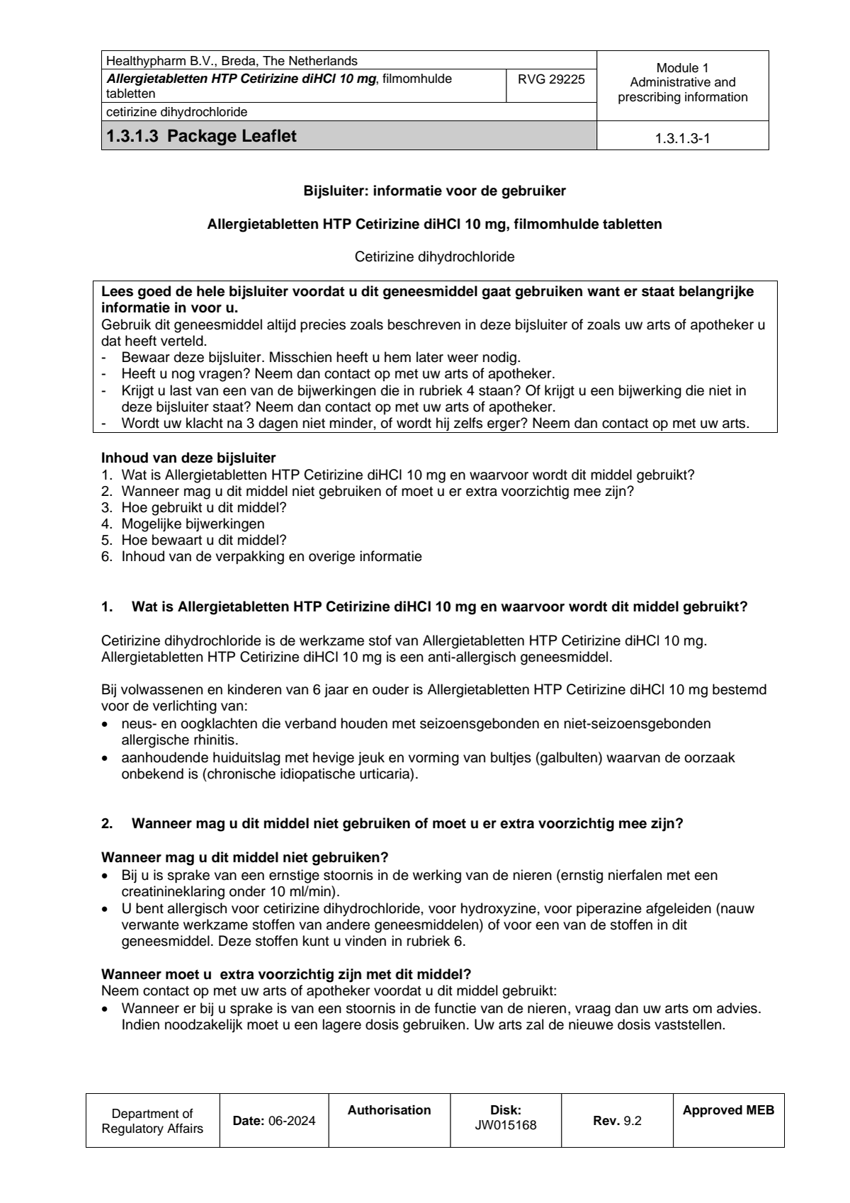 Allergietabletten HTP Cetirizine diHCI 10mg Tabletten afbeelding van document #1, leaflet