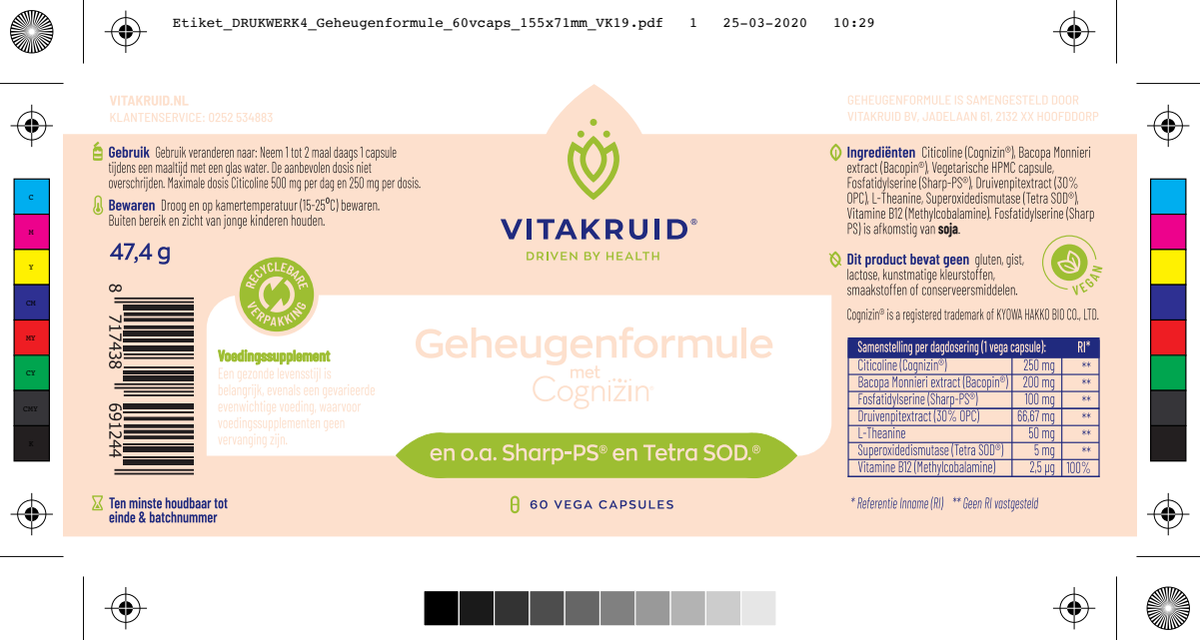 Geheugenformule met Cognizin oa Sharp-PS en Tetra SOD afbeelding van document #1, label
