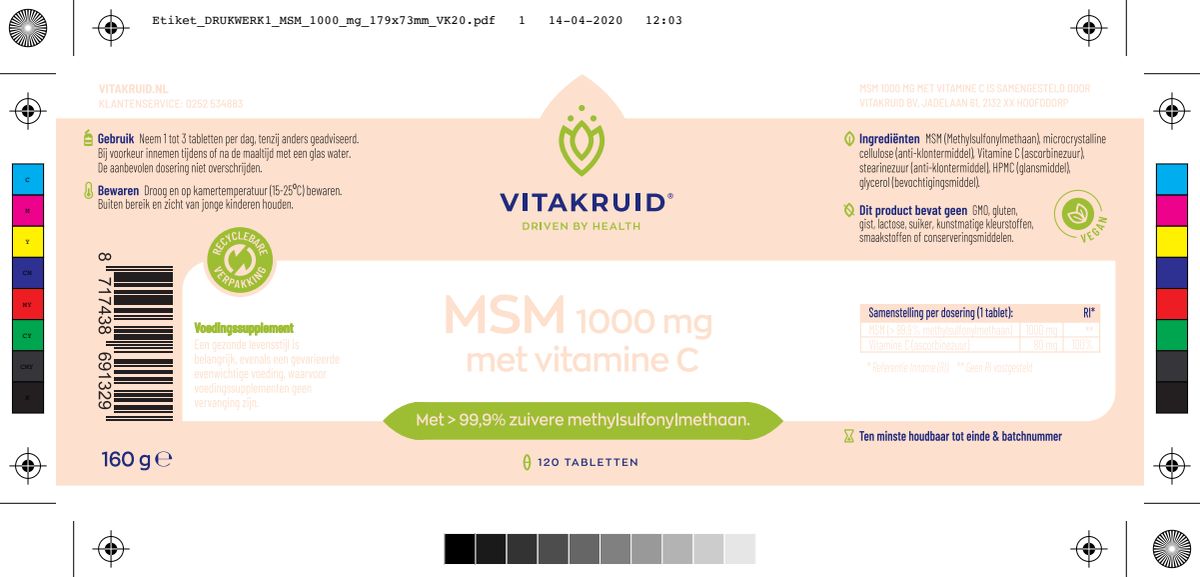MSM 1000 mg > 99,9% zuiver + vitamine C afbeelding van document #1, label