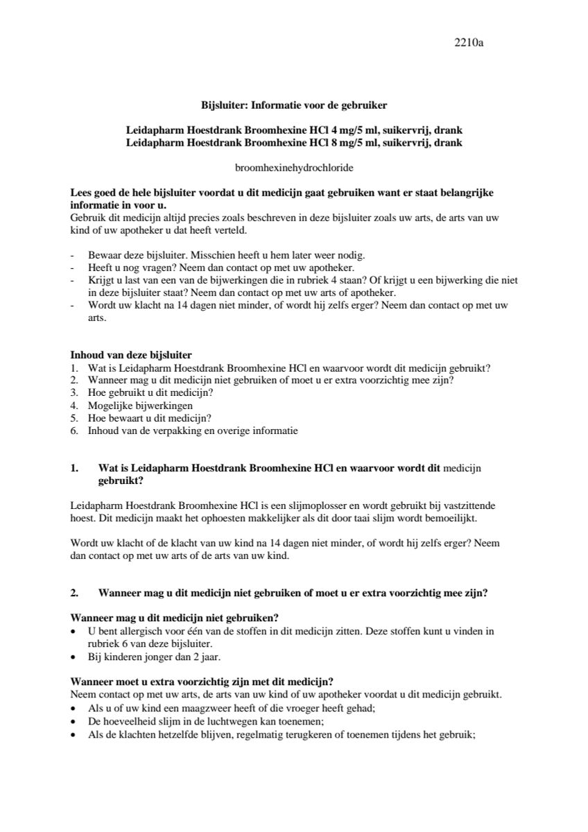 Hoestdrank Broomhexine HCI 8mg/5ml Suikervrij afbeelding van document #1, leaflet