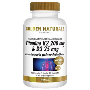 Golden Naturals Vitamine K2 200mcg & D3 25mcg Capsules 180VCP Golden Naturals Vitamine K2 200mcg & D3 25mcg Capsules 180VCP