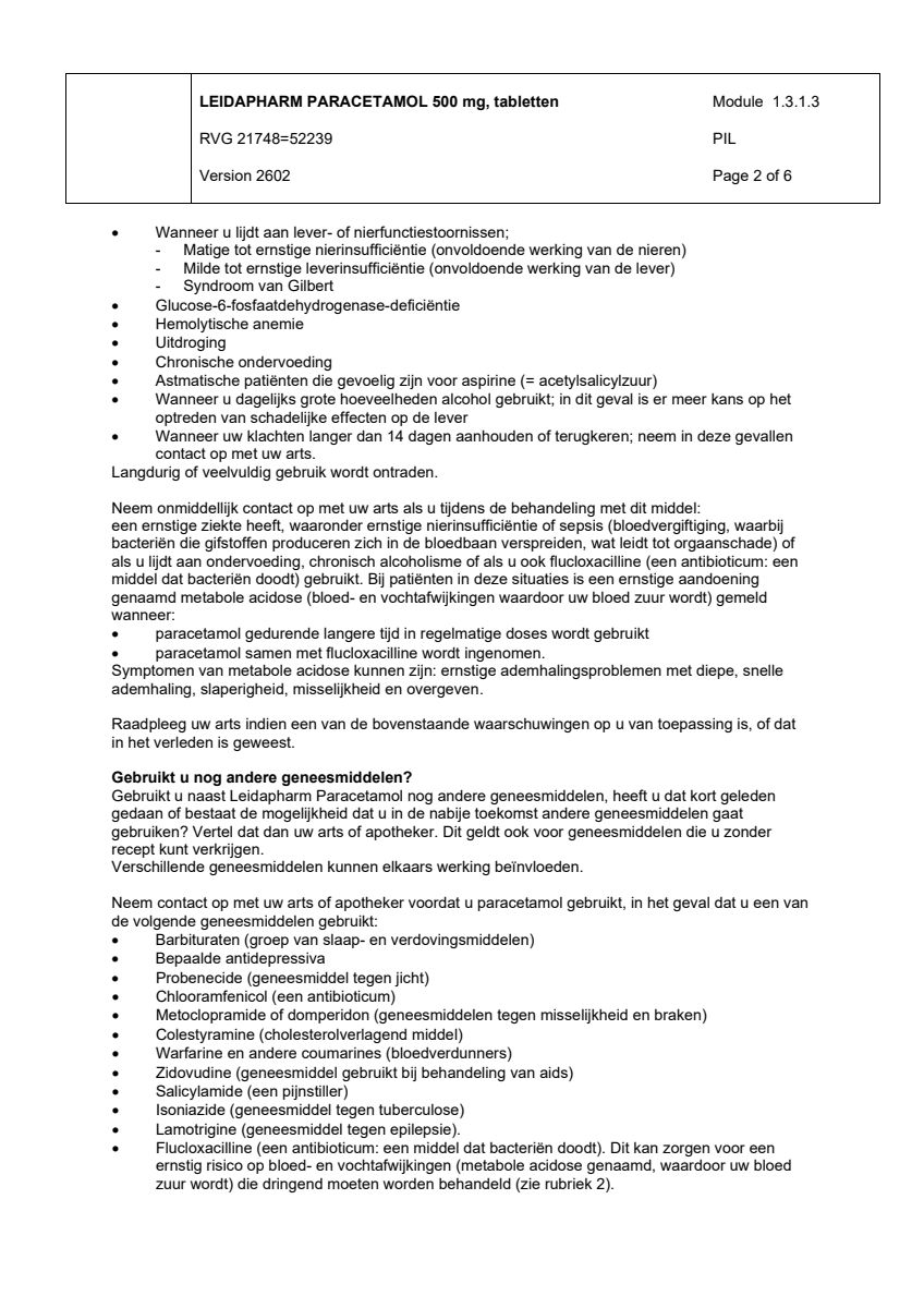 Paracetamol 500mg afbeelding van document #2, leaflet