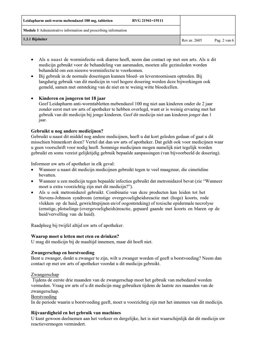 Anti Worm Mebendazol 100mg Tabletten afbeelding van document #2, leaflet