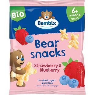 Bambix Bearsnacks Aardbei & Bosbes 6M+ Bio 180GR Bambix Bearsnacks Aardbei & Bosbes 6M+ Bio 180GR