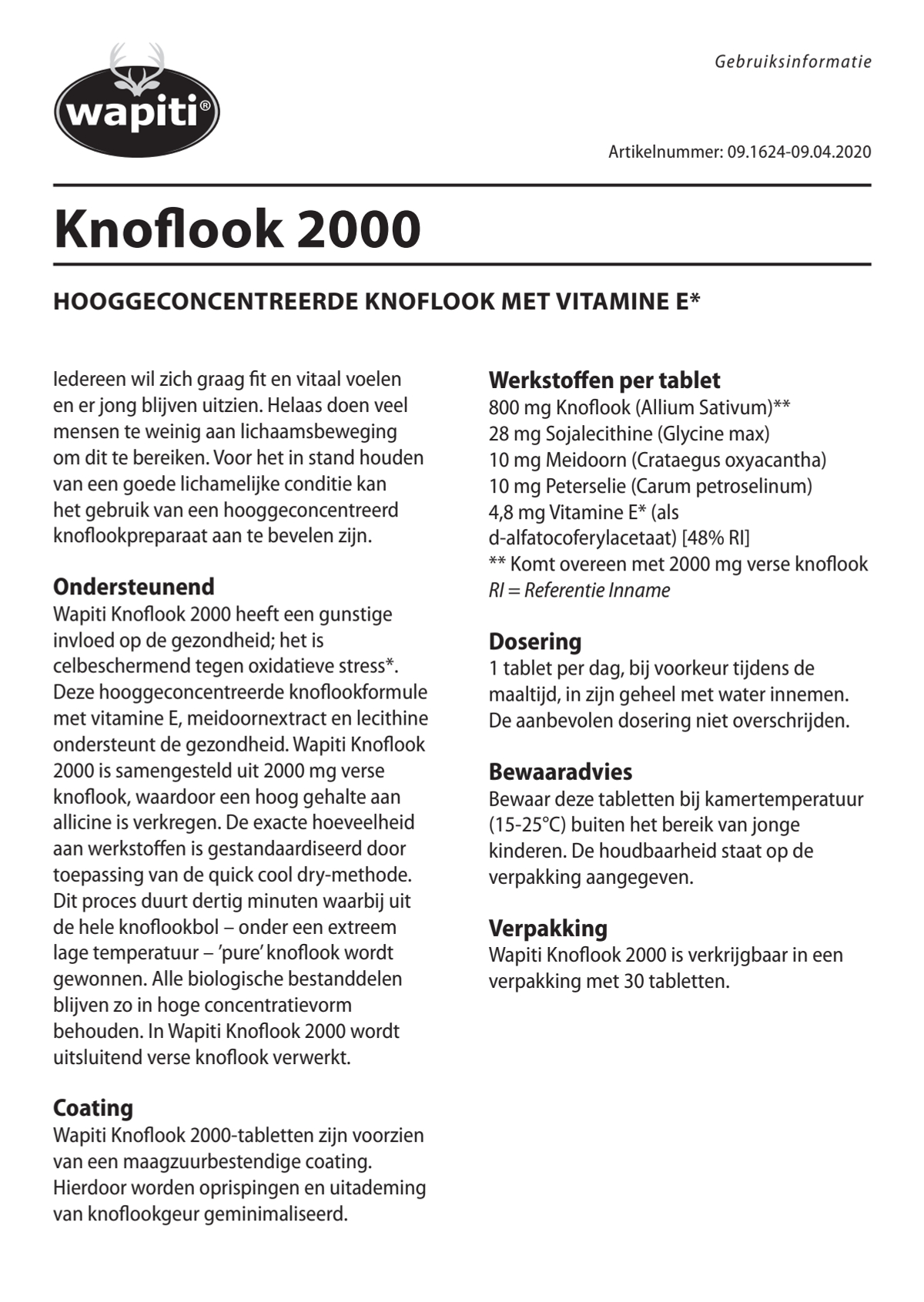 Knoflook 2000 Tabletten afbeelding van document #1, instructions
