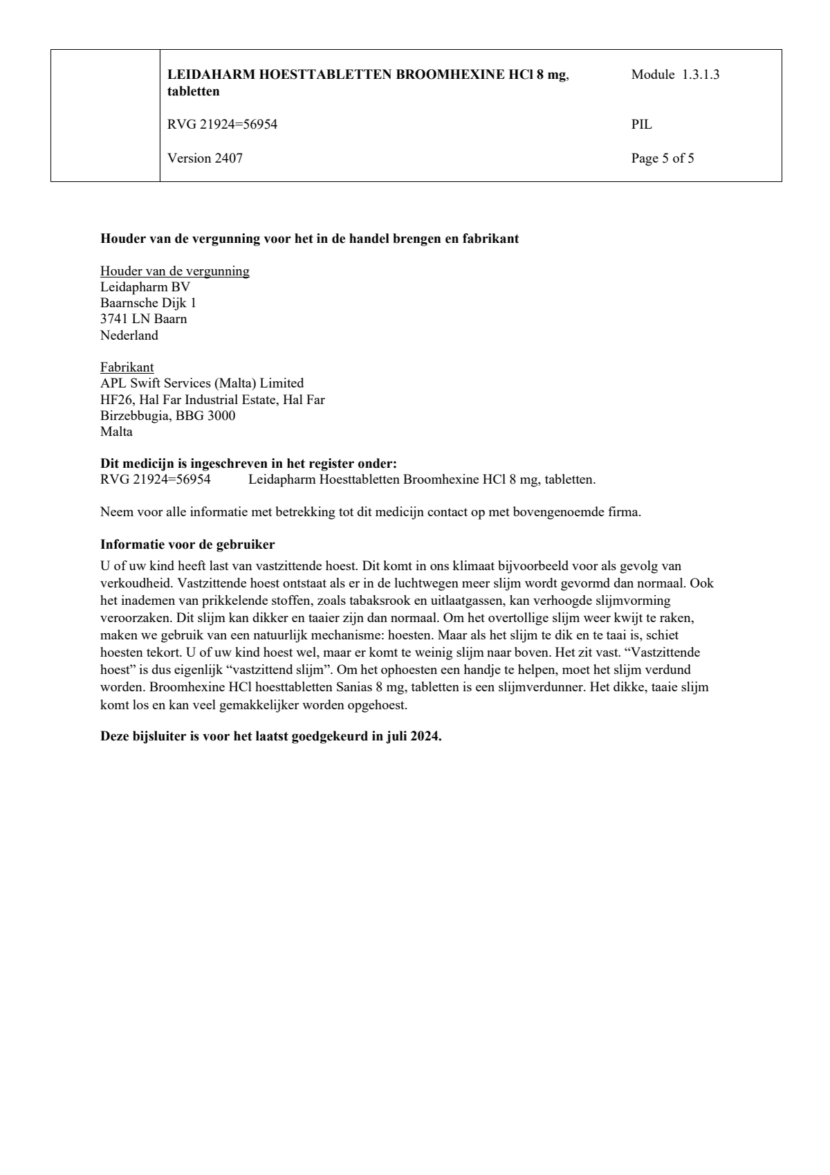 Broomhexine HCI 8 mg Hoesttabletten afbeelding van document #5, leaflet