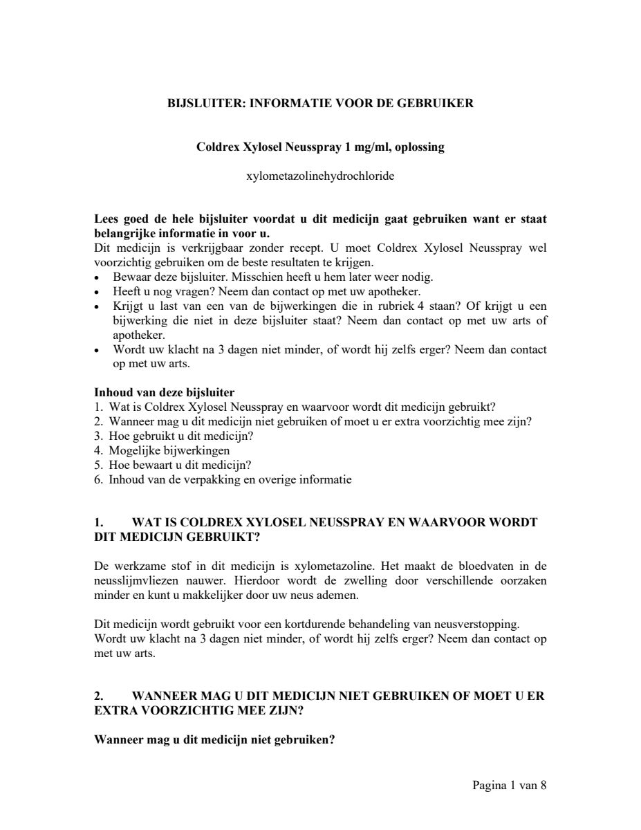 Neusspray Xylosel 1mg/ml - xylometazoline neusspray bij neusverkoudheid afbeelding van document #1, leaflet