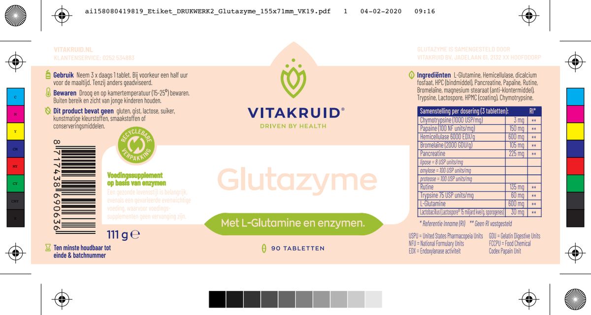 Glutazyme oa Spijsverteringsenzymen en L-Glutamine Tabletten afbeelding van document #1, label
