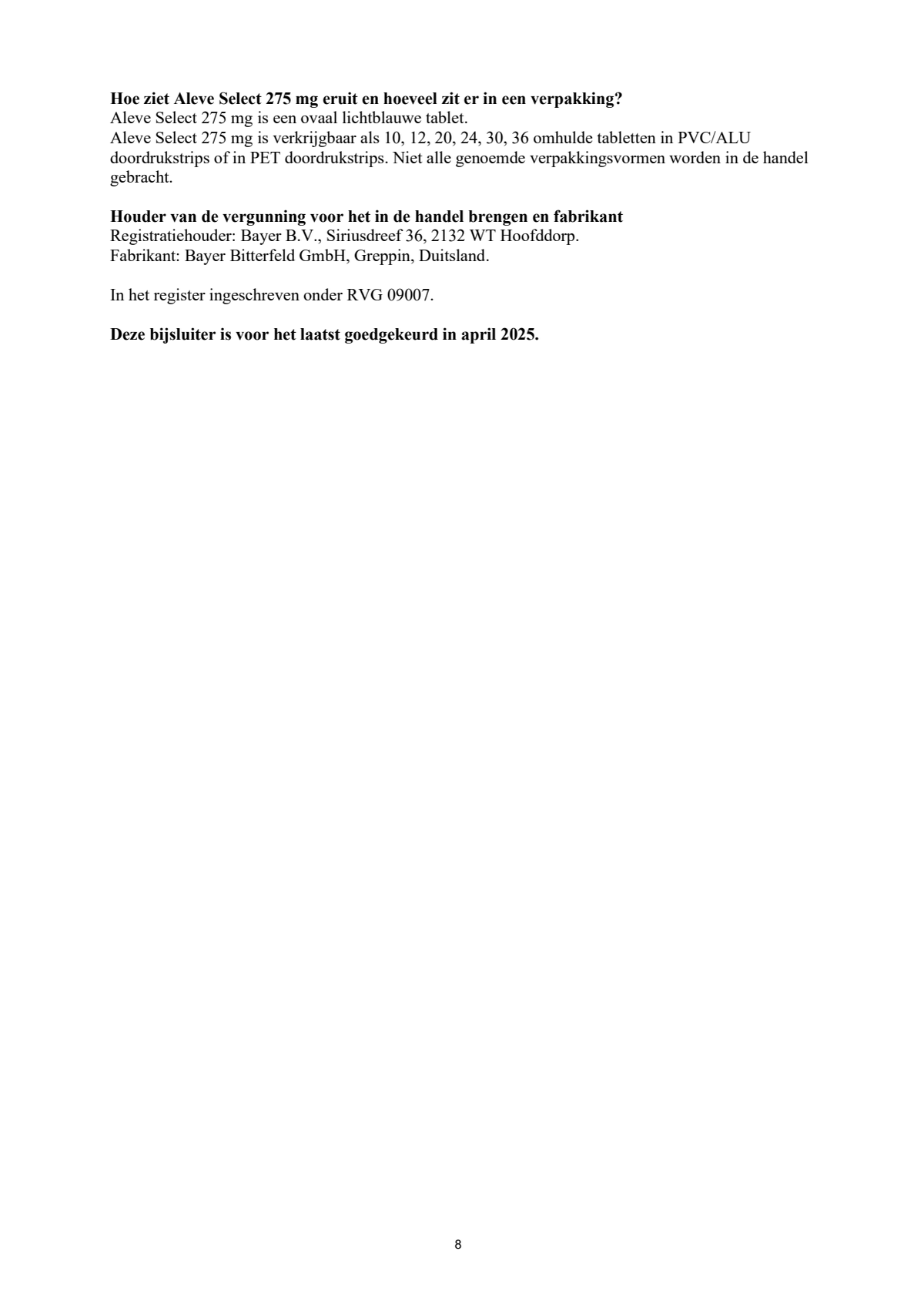Select 275mg Tabletten afbeelding van document #8, leaflet