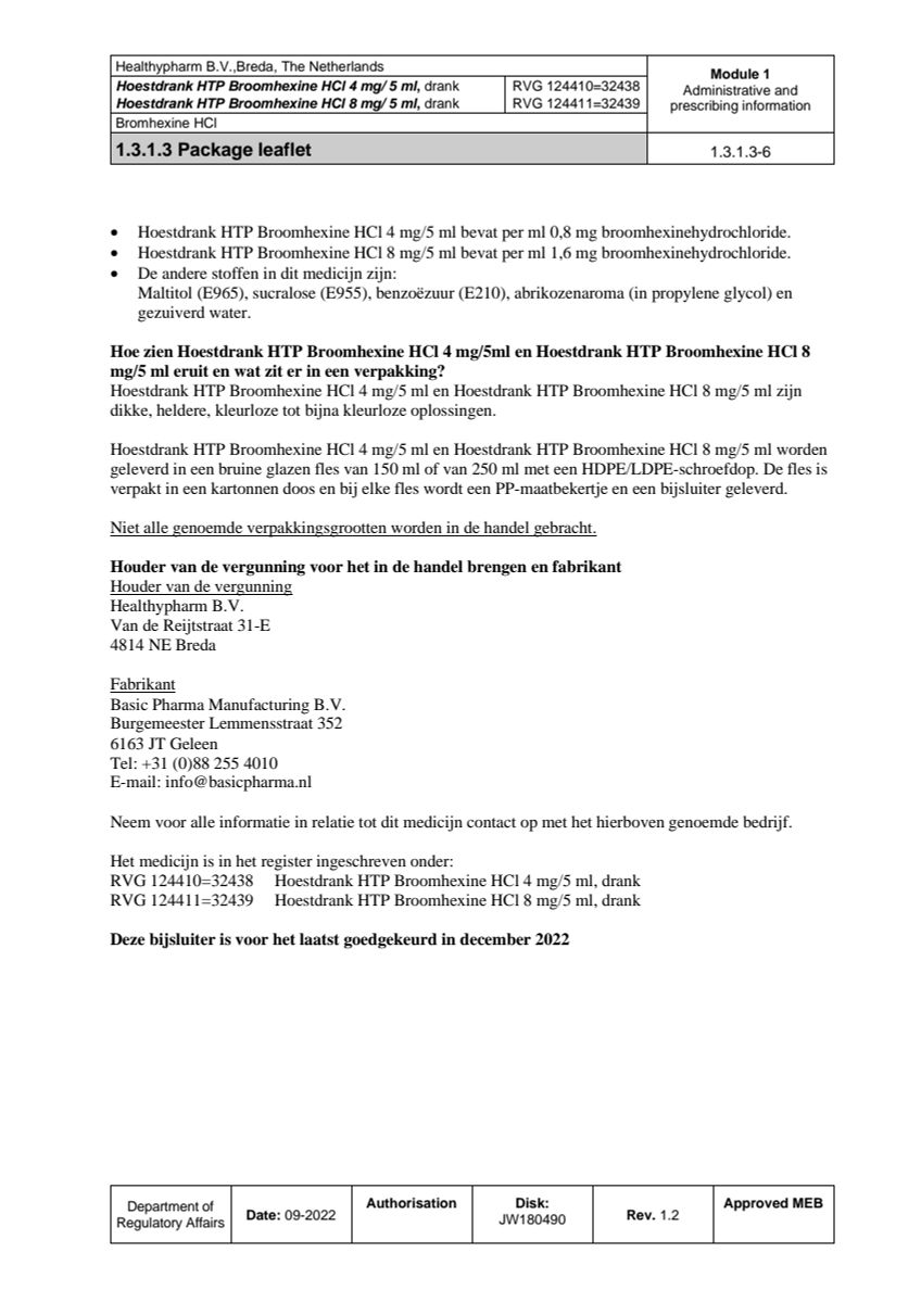 Hoestdrank Broomhexine HCI 4mg/5ml afbeelding van document #6, leaflet