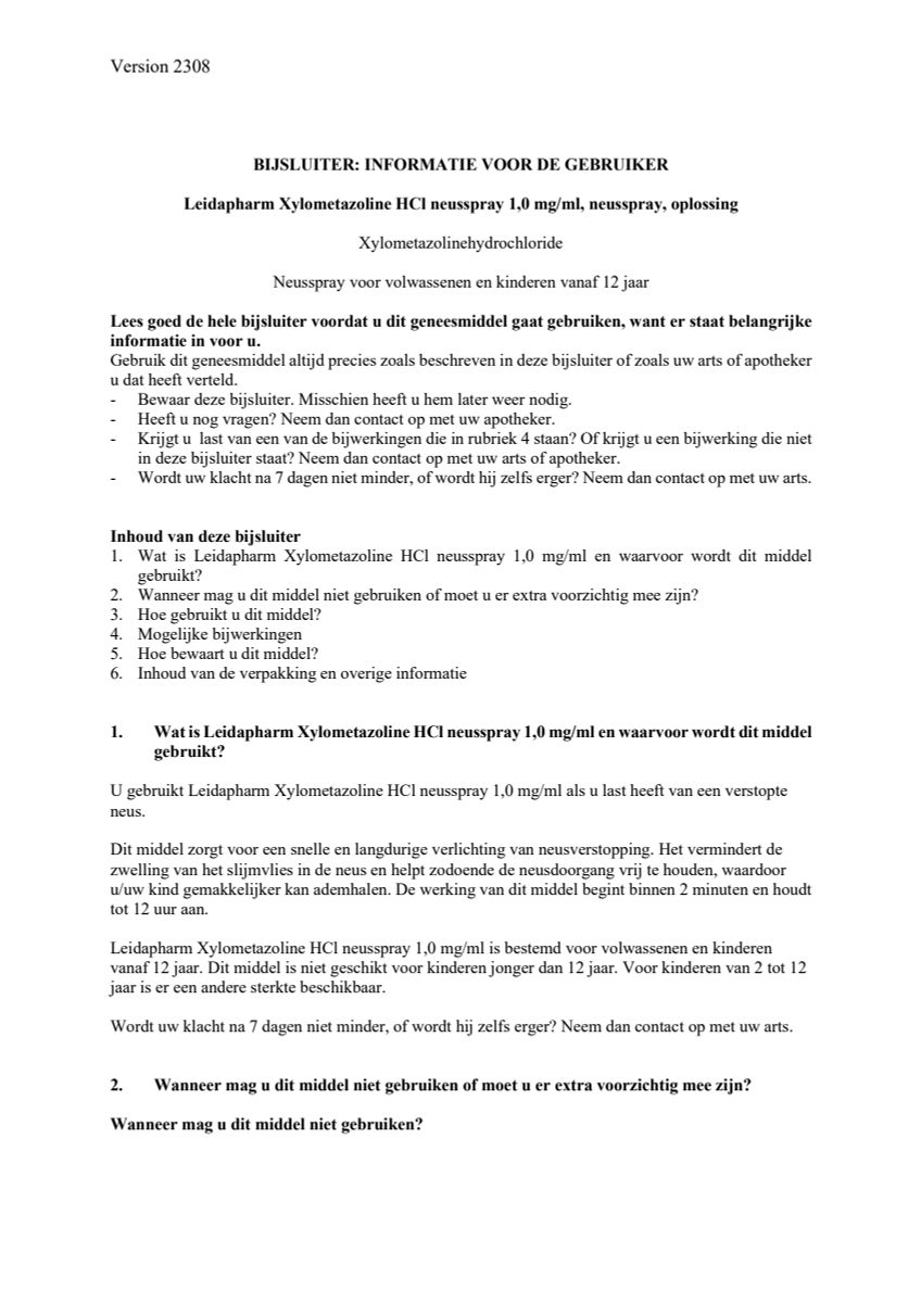 Neusspray Xylometazoline HCl 1 mg/ml afbeelding van document #1, leaflet