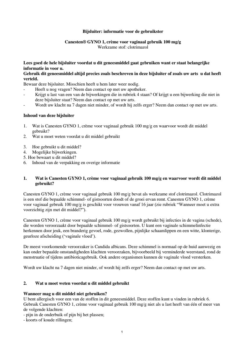 Canesten GYNO 1 Crème - 1 daagse behandeling afbeelding van document #1, leaflet