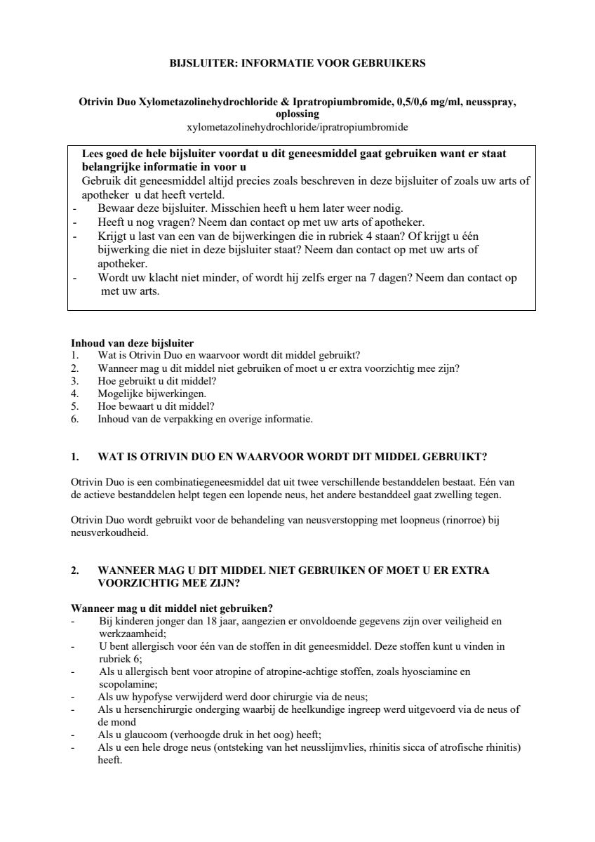 Duo Xylometazoline HCl Ipratropium Br, 0,5/0,6 mg/ml Neusspray bij een verstopte neus en loopneus afbeelding van document #2, leaflet