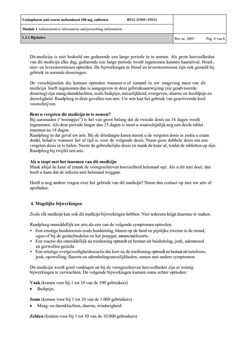 Anti Worm Mebendazol 100mg Tabletten afbeelding van document #4, leaflet