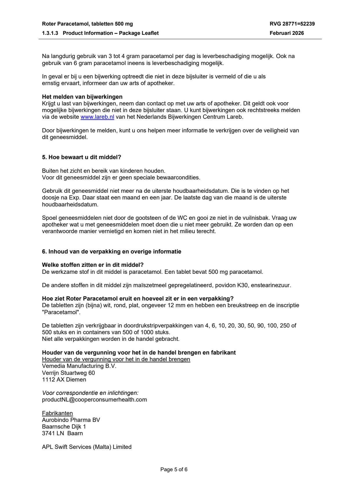 Paracetamol Tabletten 500mg afbeelding van document #5, leaflet