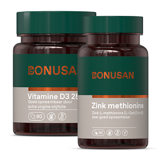 Bonusan Vitamine D3 25 Softgels + Zink methionine Capsules Combiset 2 stuks Bonusan Vitamine D3 25 Softgels + Zink methionine Capsules Combiset 2 stuks