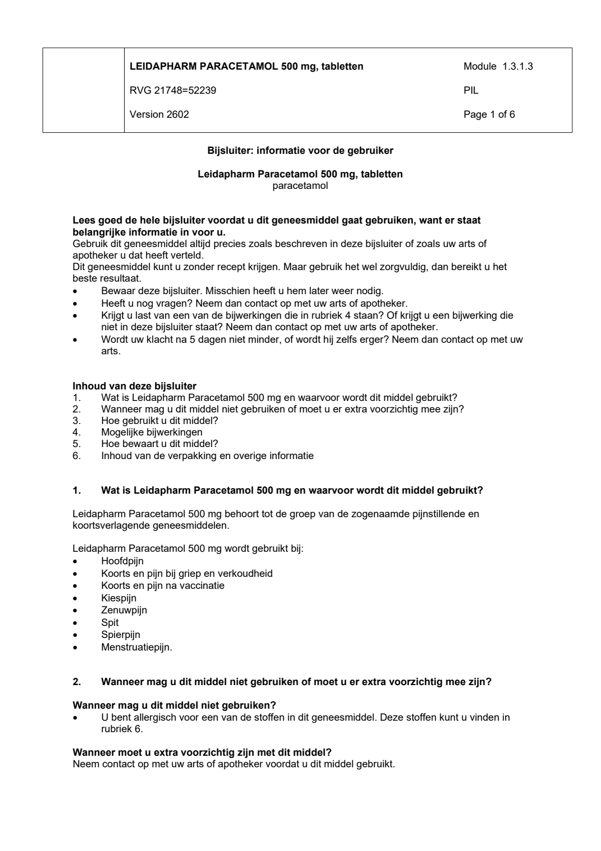 Paracetamol 500mg afbeelding van document #1, leaflet