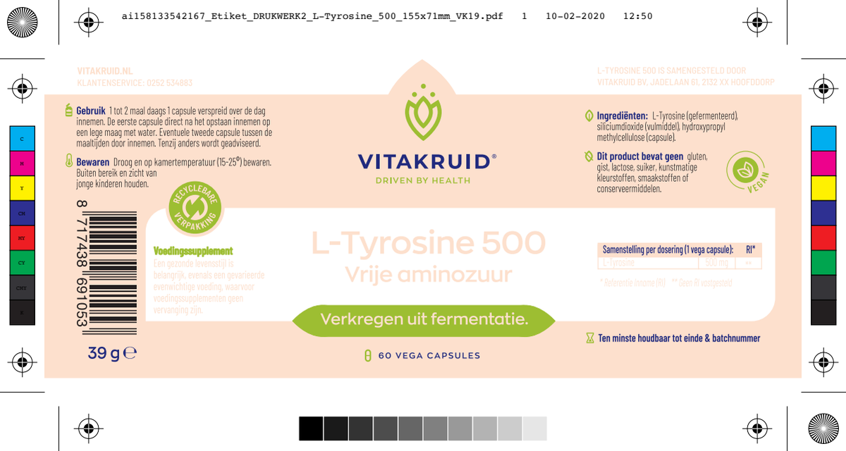 L-Tyrosine 500mg uit fermentatie afbeelding van document #1, label